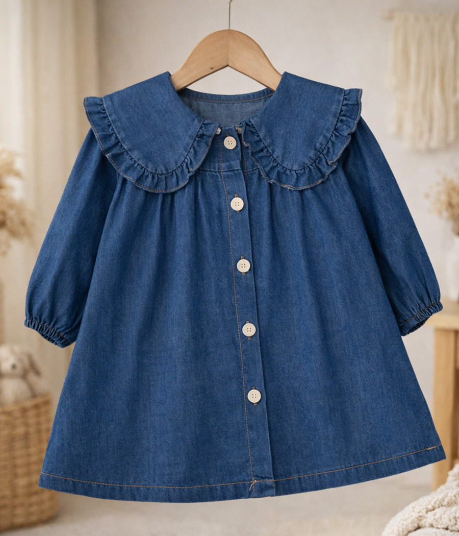 56893 (1) Robe bébé en jean – Col volanté et boutons nacrés – Image 1