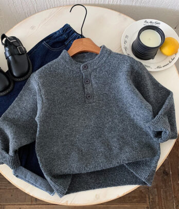 Pull Garçon – Gris Foncé à Col Boutonné