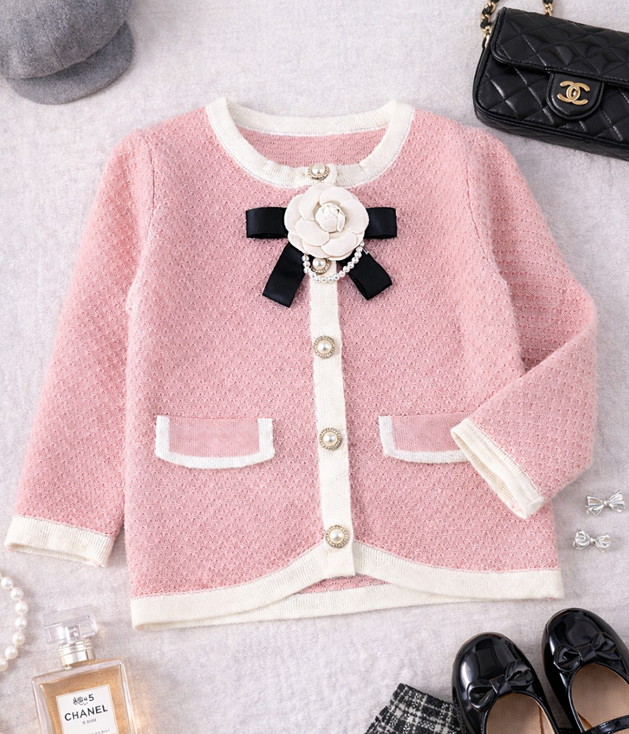 15977 42- Cardigan fille Rose Poudré a Nœud et Fleur – Image 1