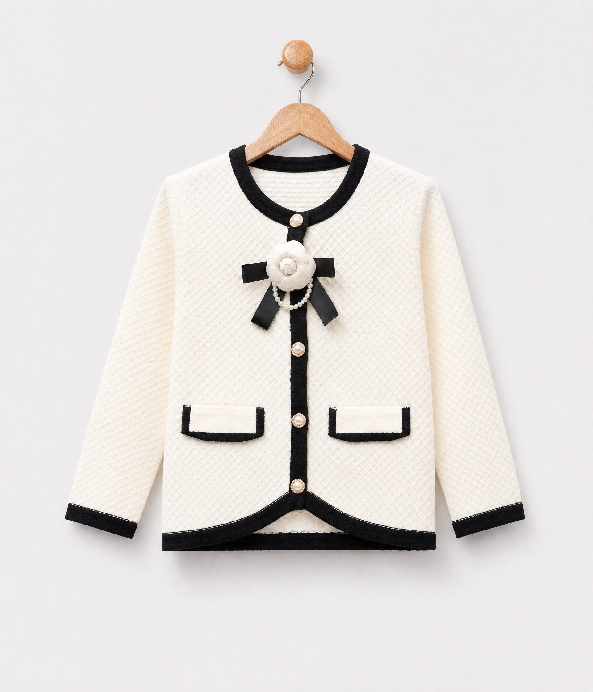 61373d Cardigan Fille blanc cassé – Style Classique avec Nœud et Fleur – Image 1