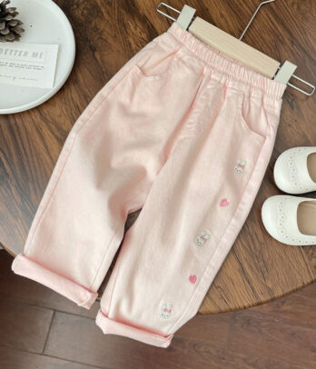 Pantalon Fille Rose poudré délicat – Broderies Lapin & Cœurs