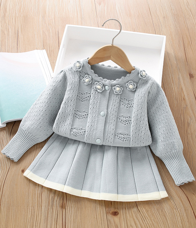 63543 Ensemble Fille – Gilet Fleuri bleu & Jupe Plissée – Image 1