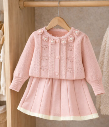 Ensemble 2 pieces fille gilet fleuri rose jupe élégante