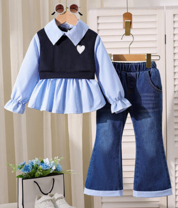 Ensemble fille 2 pièces – Chemise rayée & Pantalon flare en jean
