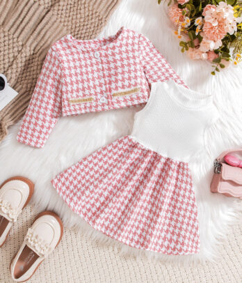 Robe Fille – Motif Pied-de-Poule Rose