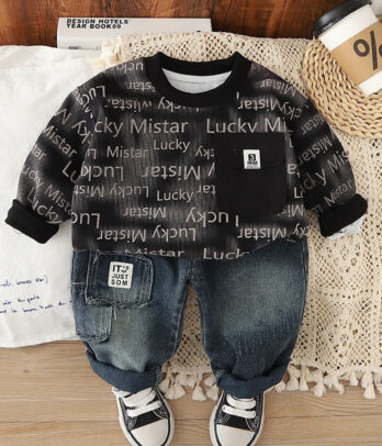 Ensemble garçon sweat noir imprimé & jean patchwork