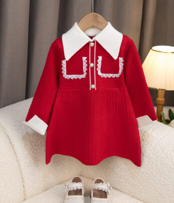 77311 Robe Fille Élégante – Rouge avec Col Blanc & Boutons Perles MAZYOUD