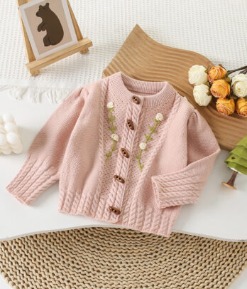 Gilet Fille Rose Brodé Fleuri