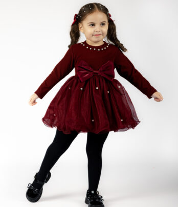 Robe rouge élégante avec perles et grand nœud – Bébé & Fillette