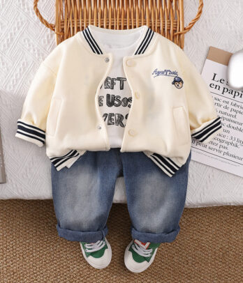 Ensemble garçon varsity blanc – Veste teddy & jean délavé