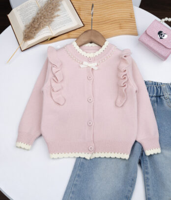 Gilet fille rose perlé avec volants élégants