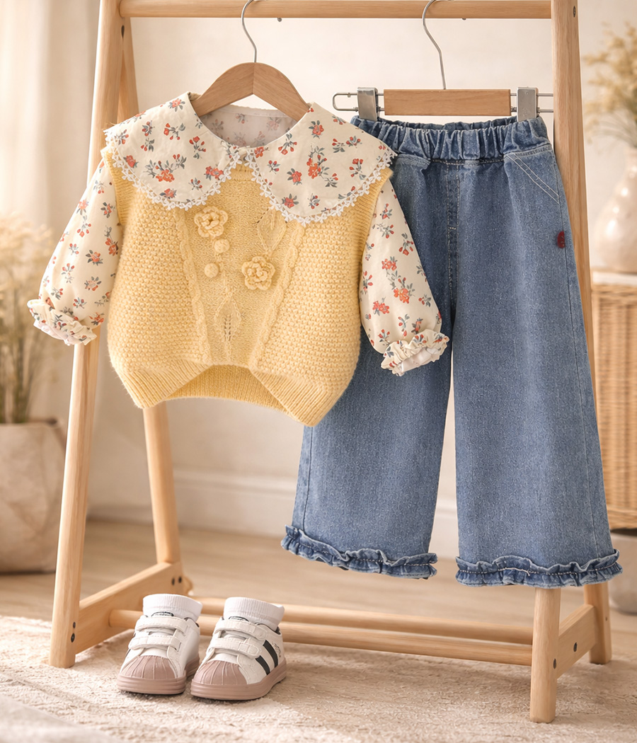 92667 Ensemble fille chemise fleurie & gilet jaune avec pantalon en jean – Image 1