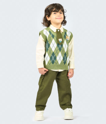 93282 Ensemble garçon chemise & Pull sans manches à losanges vert MAZYOUD