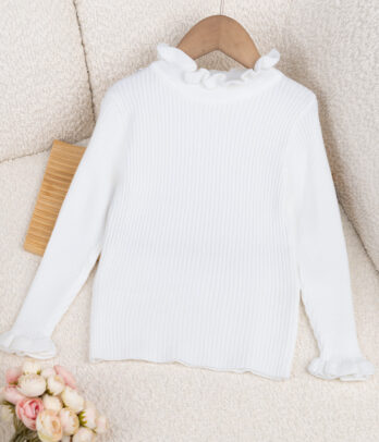93419 Pull Fille Côtelé à Col Volanté – Blanc Pur MAZYOUD
