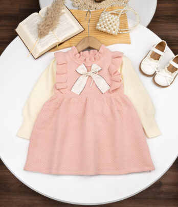 Robe fille rose – Élégance avec nœud et perles