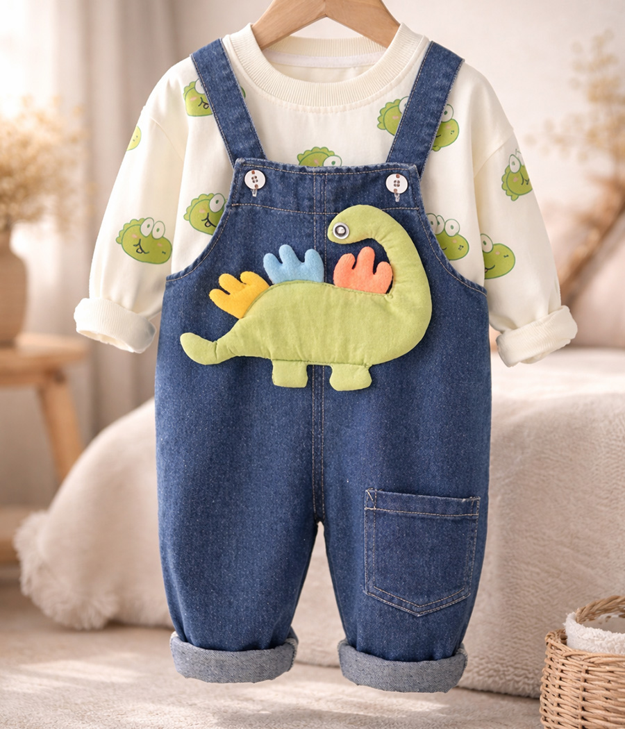 96593 Ensemble salopette en jean avec sweat imprimé dinosaure – Image 1