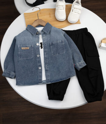 Ensemble 3 pièces de chemise en jean Bleu Clair & Pantalon Noir Décontracté