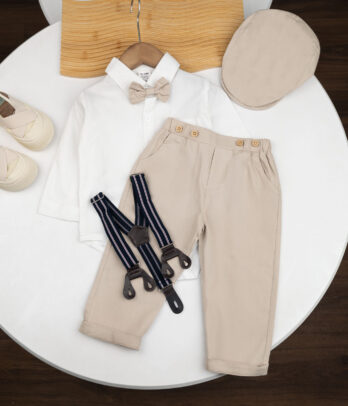 Ensemble Garçon – Chic Beige avec Bretelles & Casquette Plate
