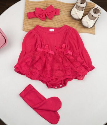 Ensemble Bébé Fille – Rose Fuchsia Dentelle & Nœud