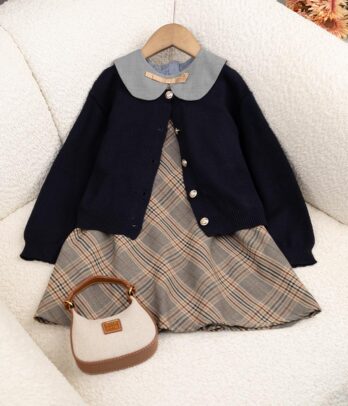 Ensemble Fille à Carreaux avec Gilet Bleu Marine