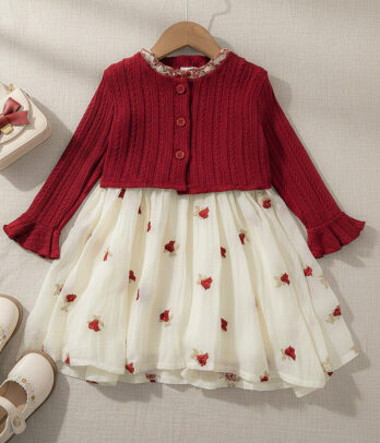 Robe blanche brodé & gilet rouge pour fille