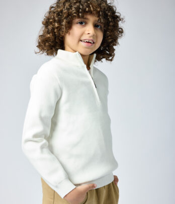 Pull Garçon Blanc – Col Zippé en Maille Fine