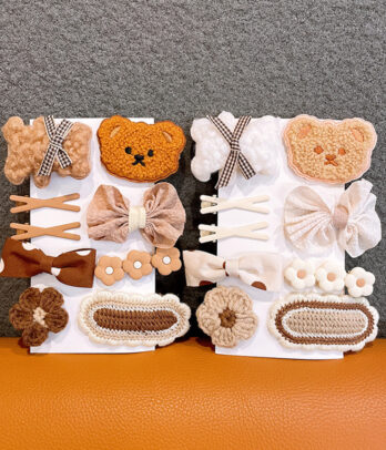 Lot de barrettes et pinces cheveux – Style ours & fleurs en tons bruns