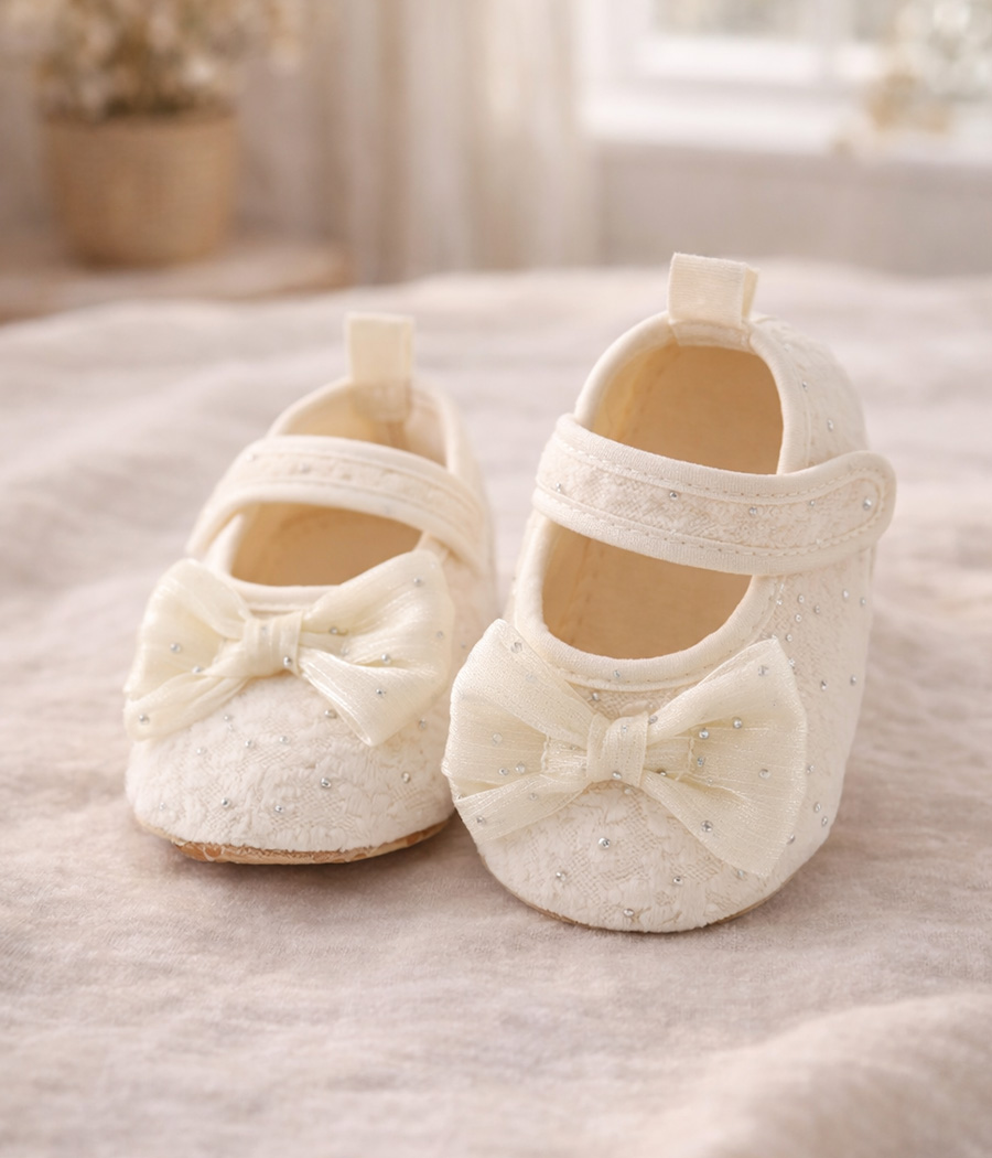 31366 Ballerines bébé cérémonie – Blanc nacré avec nœud – Image 1