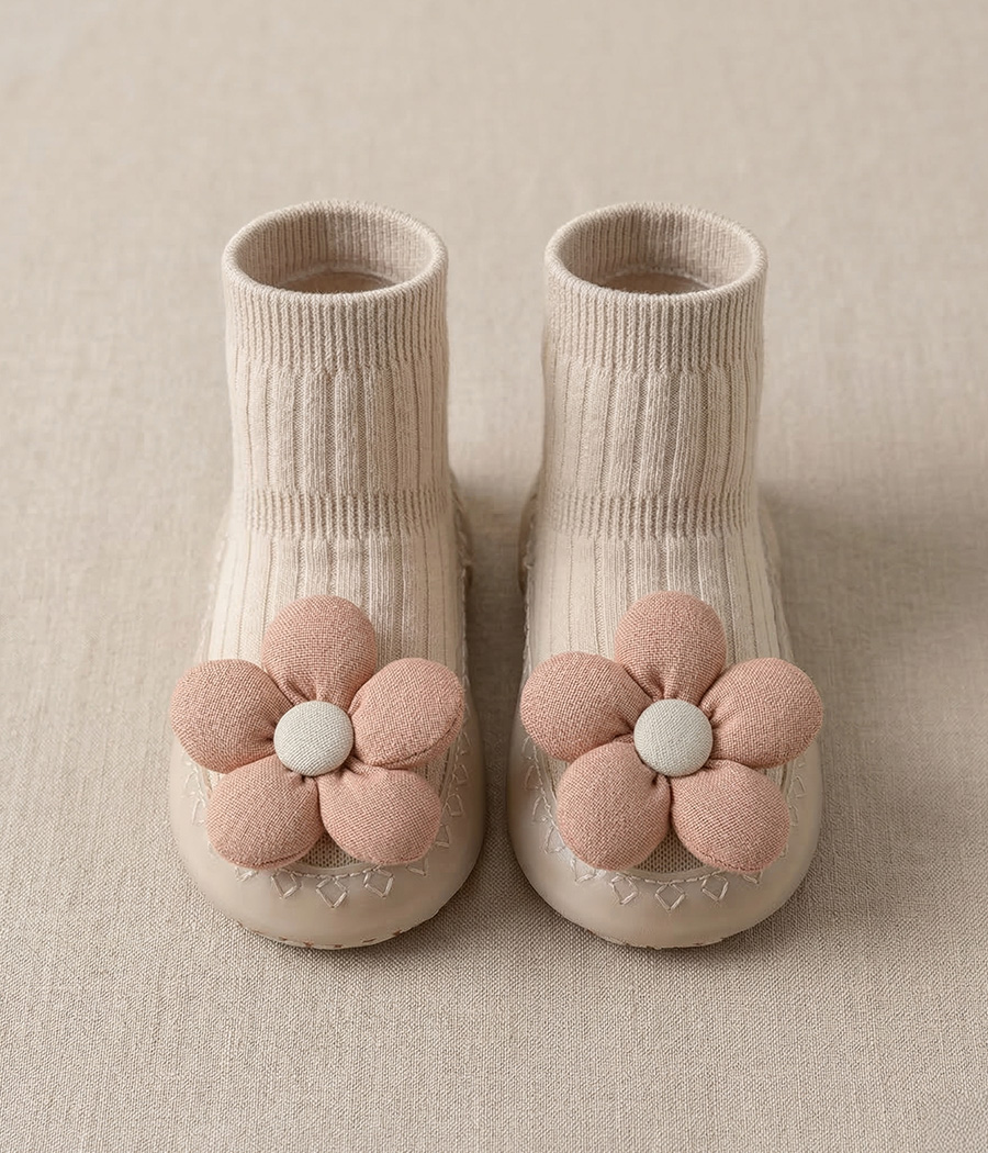 39624 Chaussons bébé avec chaussettes intégrées – Fleur beige & saumon – Image 1
