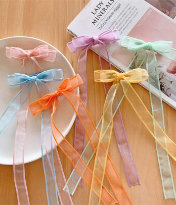 Barrette longue fille – Nœud en organza coloré