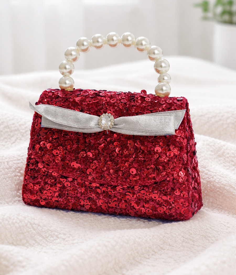56571 Mini Sac à Main Enfant Rouge à Paillettes et Perles – Image 1