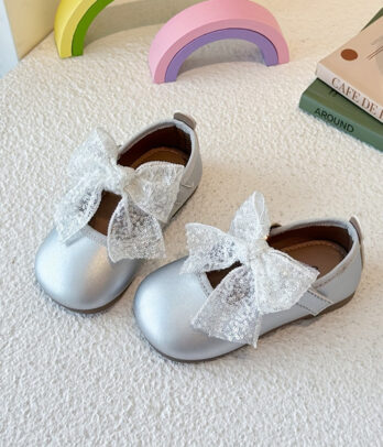 Ballerines fille argentées à nœud dentelle