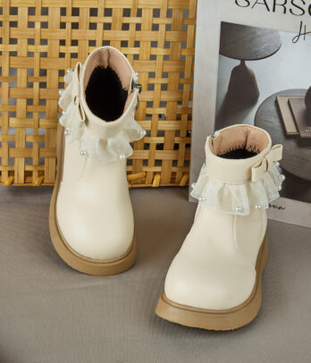 Bottines Fille Écru avec Nœud et Détails Perlés