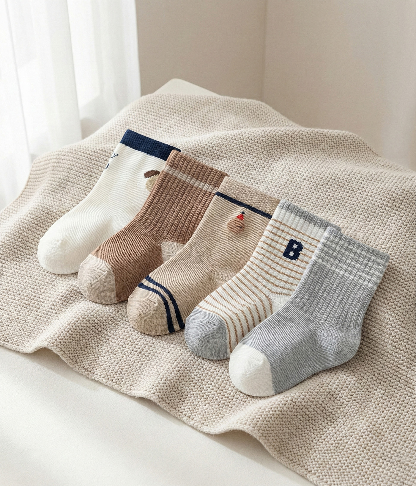 76653 b Lot de 5 paires de chaussettes bébé – Thème Petit Chien & Tons Café/Gris – Image 1