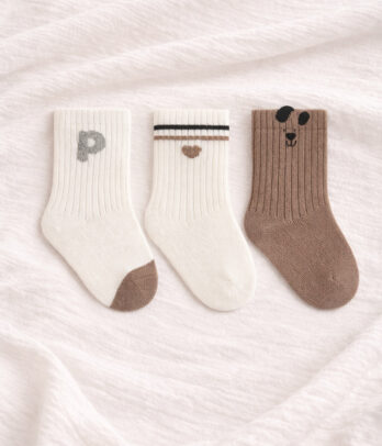 Lot de 3 paires de chaussettes bébé – Thème Marron & Alphabet