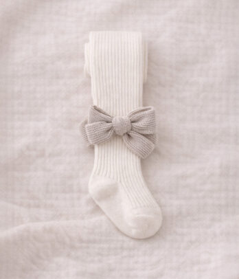 Collants bébé en coton côtelé – Nœud beige tricoté