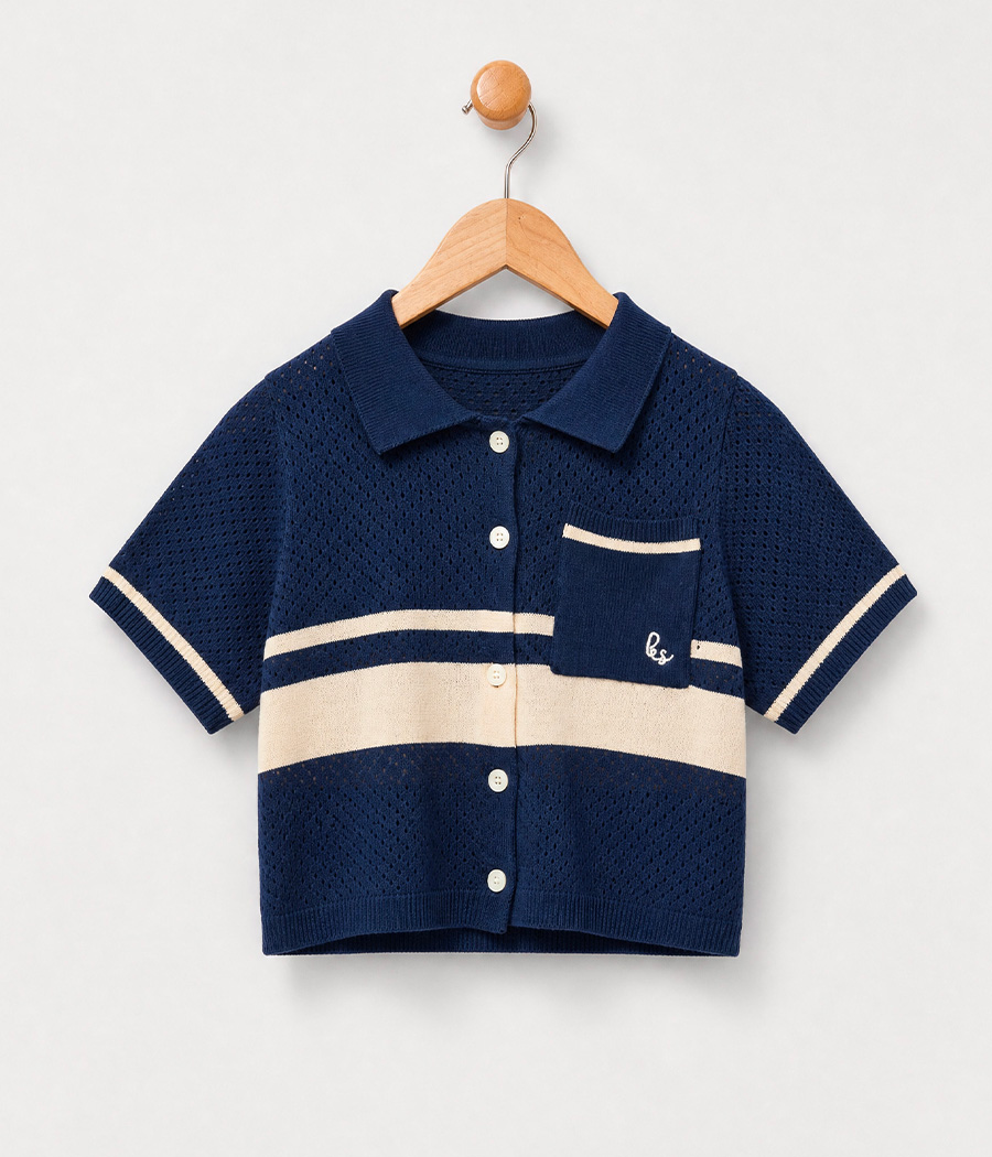182228 gilet style Polo garçon maille marine rayée – Image 1