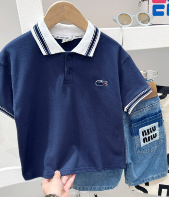 Polo garçon bleu marine col contrasté