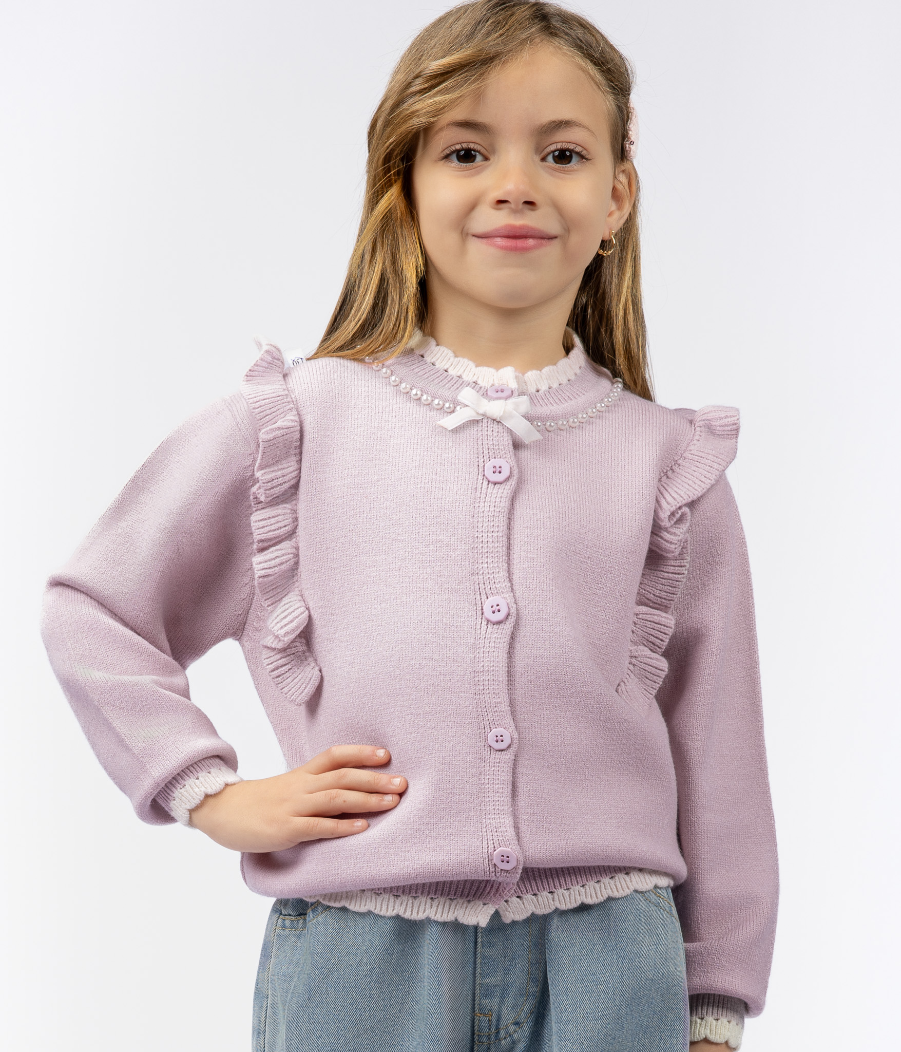 64326 Gilet fille mauve à volants et col perle Un MAZYOUD0014-Edit-2 Gilet fille mauve à volants et col perlé – Image 1