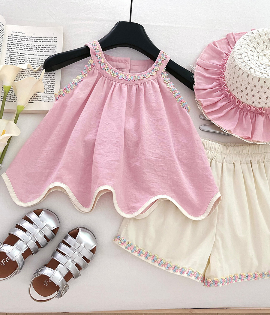 395188 Duo de capucine top ondulé rose & short écru – Image 1