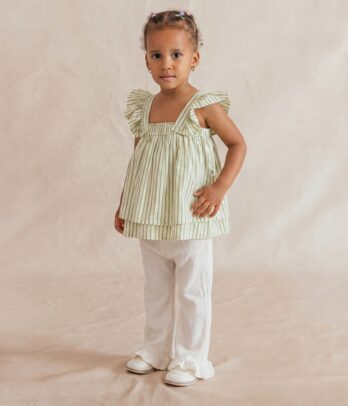 Tenue pour fille rayé vert pastel et pantalon blanc écru