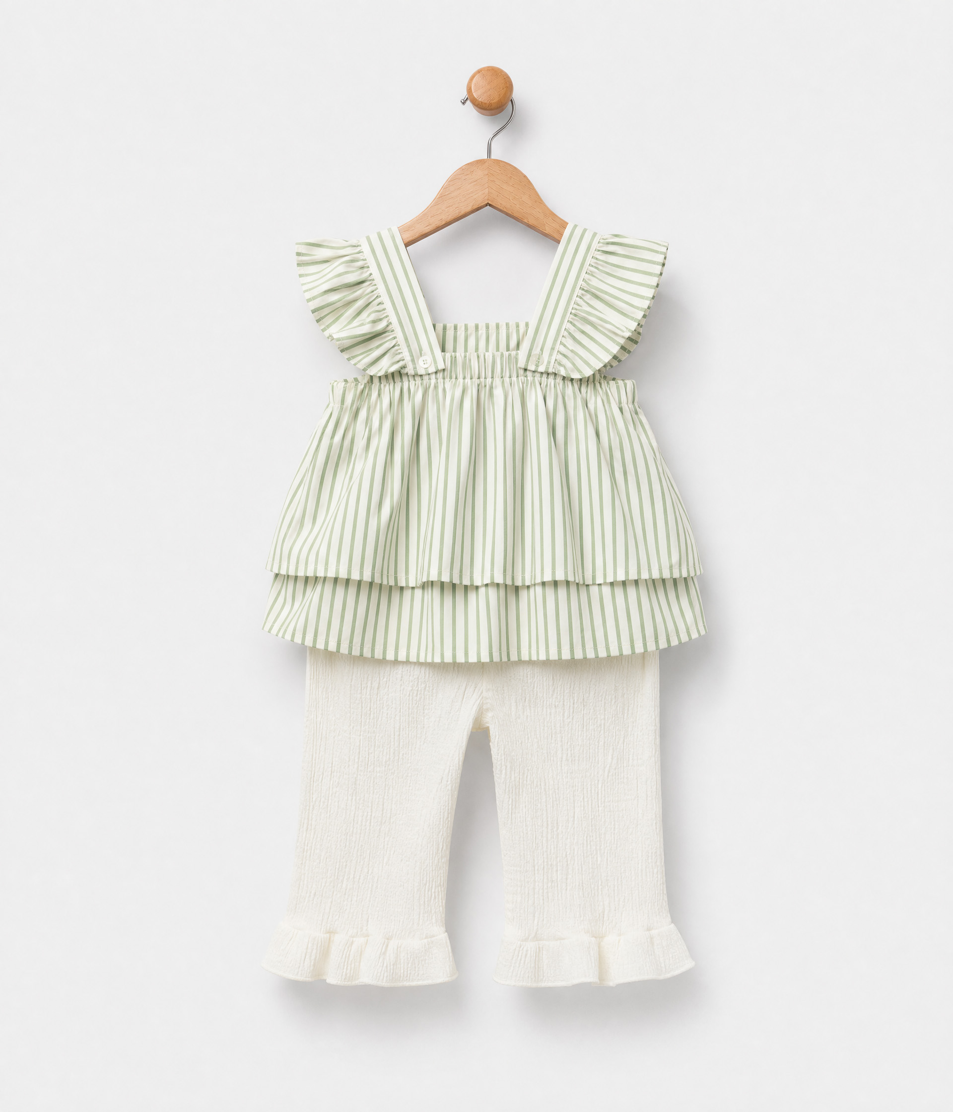 466563 Tenue pour fille rayé vert pastel et pantalon blanc écru – Image 1