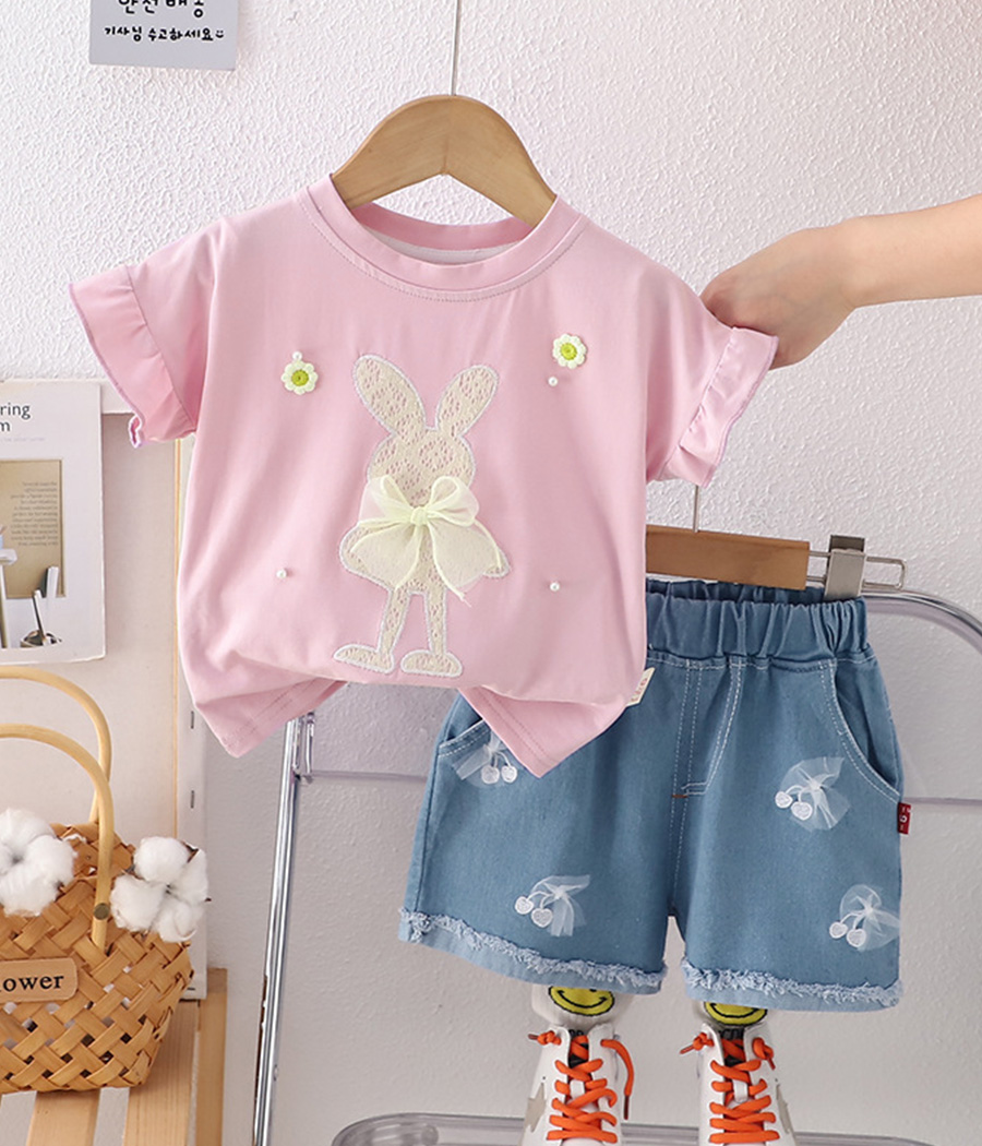 542579 Ensemble 2 pièces fille lilas imprimé et short denim – Image 1