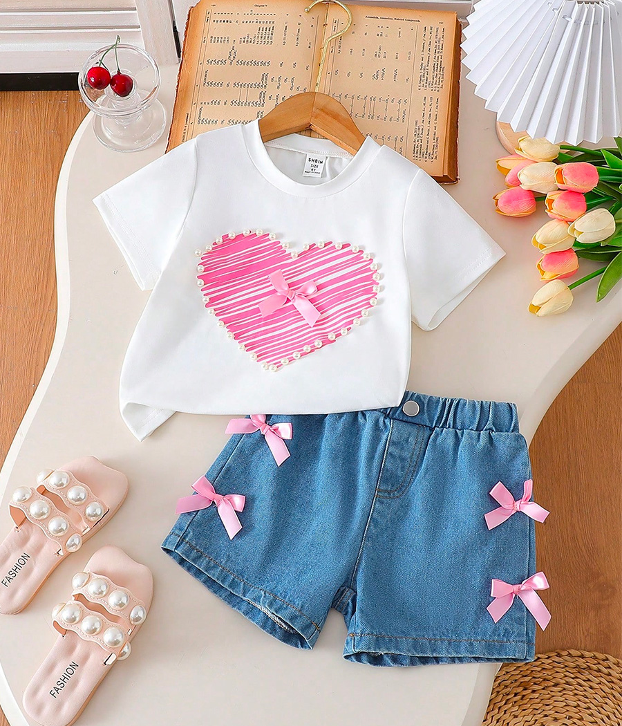 612192 (6) Ensemble fille coquette au t-shirt cœur rose – Image 1