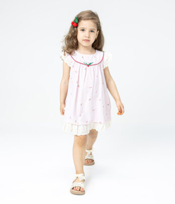 Robe fillette rayée rose aux cerises