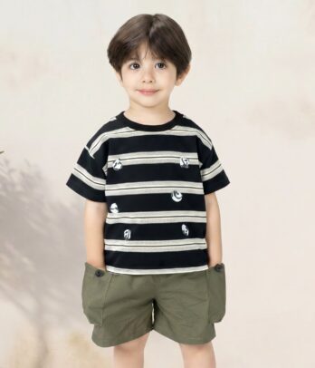 Duo garçon t-shirt rayé noir & short cargo kaki