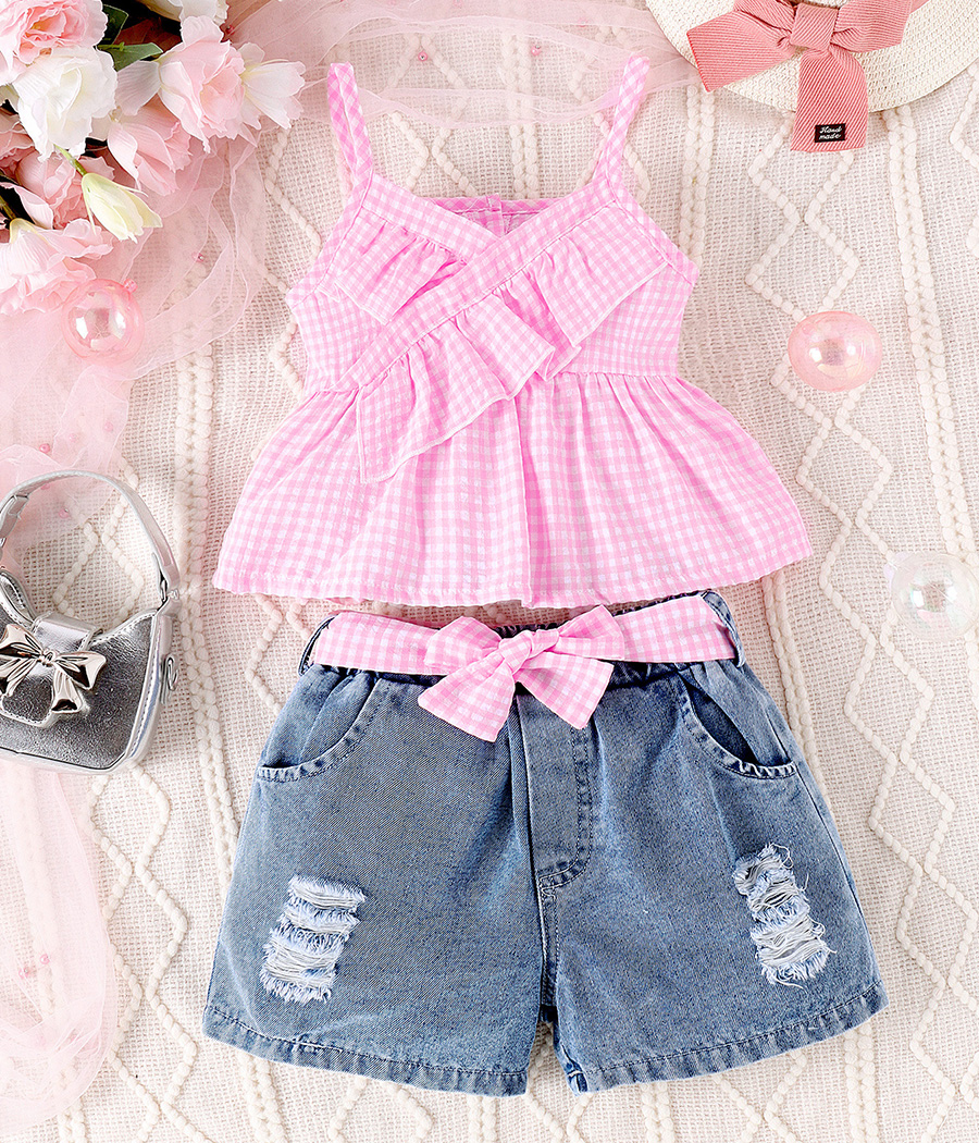 726888-2 2 pièces fille rose vichy et short jean – Image 1
