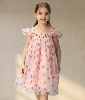 Robe fillette en tulle rose imprimé cœurs
