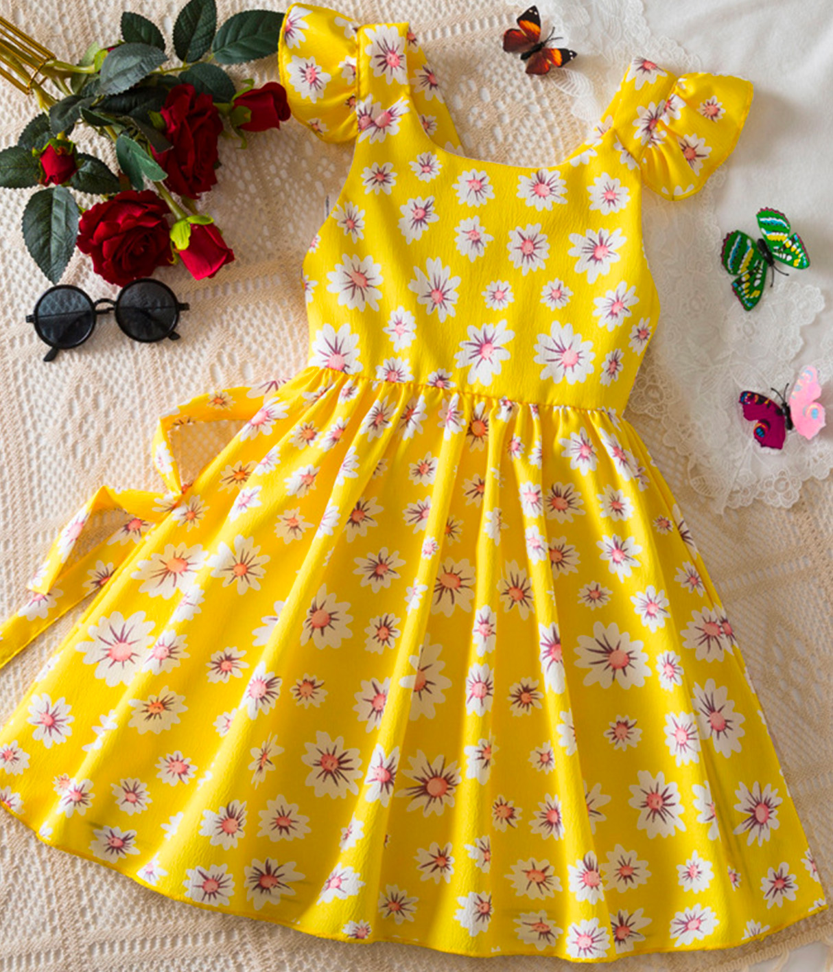 781116-1 Robe évasée jaune citron et fleurs blanches – Image 1
