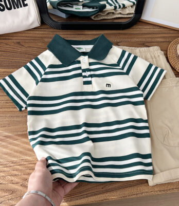T-shirt col polo rayé vert & ecru